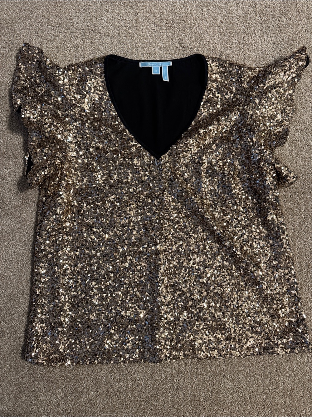 Draper James Gold Sequin Ruffle Sleeve V-Neck Top